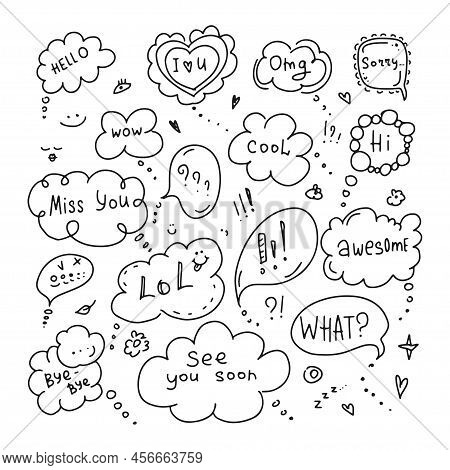 Speech Bubbles Set In Doodle Style. Hand Drawn Dialog Clouds With Phrases Hello, Hi, Miss You, Lol, 