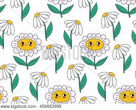Cute Kawaii Y2k Daisy Seamless Pattern Background With Daisy Chamomile Flowers, Smiling Face. Bright