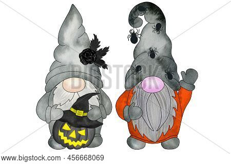 Two Gnomes With Halloween Decor. Hand Drawn Watercolor Illustration, Clipart Isolated On White Backg
