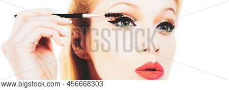 Eyebrows With Tweezers Close Up. Cosmetic For Eyebrows. Close Up Of Brown Woman Eye With Beautiful B