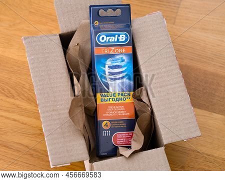 Tambov, Russian Federation - June 14, 2022 An Oral-b Brush Heads Box Lying In An Open Cardboard Box