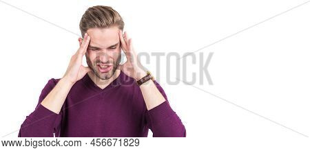 Distressed Guy With Closed Eyes Squeeze Head With Hands Suffering From Headache, Migraine. Man Face 