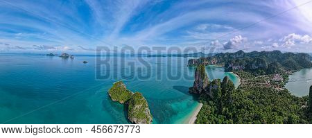 Railay Beach Krabi Thailand, The Tropical Beach Of Railay Krabi, Drone Aerial View Of Panoramic View