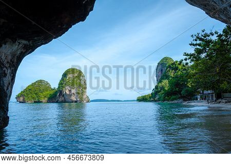 Railay Beach Krabi Thailand, The Tropical Beach Of Railay Krabi, Drone Aerial View Of Panoramic View