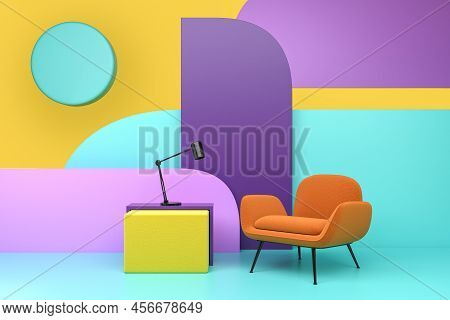 Colorful Living Room Interior With Orange Armchair And Stand With Lamp, Chill Area With Geometric Fi