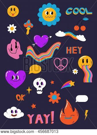 Psychedelic Trippy Large Pack, Acid Abstract Characters And Objects. In A Cartoon Style, A Set Of Br