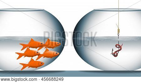 Goldfish Are Seen In One Fish Bowl Looking At A Hook And Worm In A Different Bowl In A 3-d Illustrat