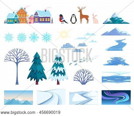 Winter Landscape Elements Set With Houses Trees And Snow Isolated Flat Vector Illustration
