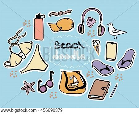 Summer Holidays Tropical Beach Vacation Accessories Cartoon Images Set With Surfboard Suncream Infla