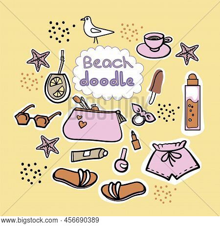 Summer Holidays Tropical Beach Vacation Accessories Cartoon Images Set With Surfboard Suncream Infla