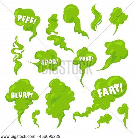 Stinky Smelling Smoke Set. Fart Cartoon Bad Odor Cloud. Green Stench Vapor With Text. Toxiz Aroma Fo