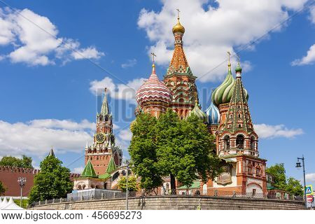 Cathedral Of Vasily The Blessed (saint Basil's Cathedral) And Spasskaya Tower On Red Square, Moscow,