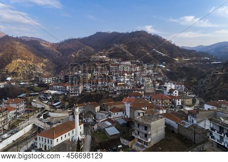 Aerial View Of Myki, Village In The Xanthi,greece. The Majority Of The Population In The Municipalit