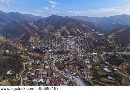 Aerial View Of Myki, Village In The Xanthi,greece. The Majority Of The Population In The Municipalit