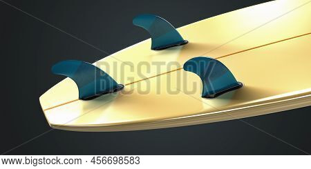 Tail Section Of A Yellow Short-board For Wave Surfing And A Blue Fin - 3d Illustration