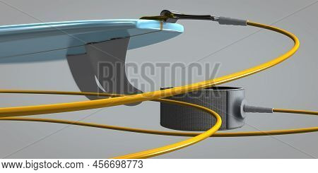 Rear Part Of A Short Surfboard With Tail, Fins And Leash - 3D Illustration