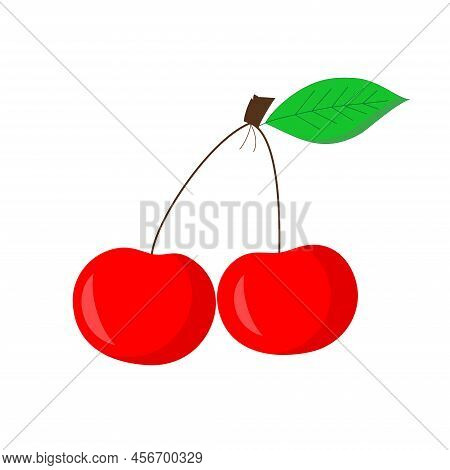Red Cherries With Green Leaf On A White Background. Vector Illustration.