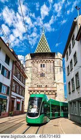 Spalentor Historic City Gate And A Tram In Basel, Switzerland