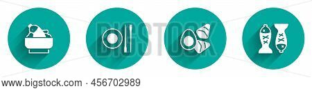 Set Rice With Fish In A Bowl, Food Chopsticks Plate, Chicken Egg Vegerables And Served On Icon With 