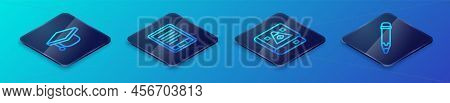 Set Isometric Line Ancient Magic Book, Graduation Cap, Pencil With Eraser And E-book Reader Icon. Ve