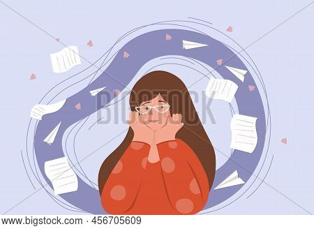 Psychological Tension Concept. Girl With Glasses Thinks About Problems, Mental Health. Sadness And L