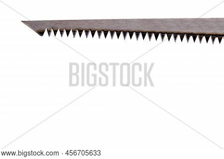 Close Up Of Straight Metal Saw Blade With Pointed Shape And Long Sharp Teeth On White Background Con