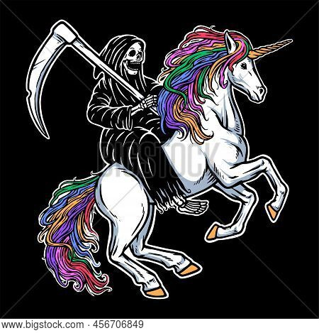 Skull Grim Riding A Unicorn Illustration Hand Drawn