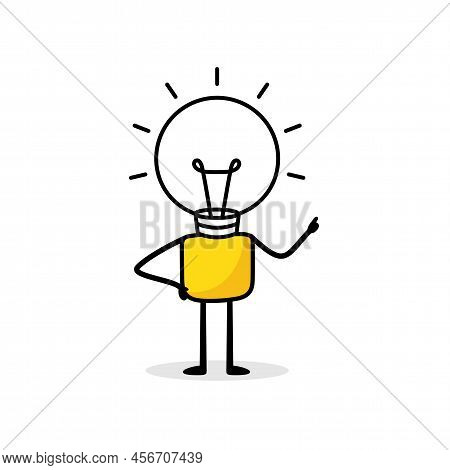 Man With A Light Bulb Head On White Background. Hand Drawn Doodle Stickman. Idea And Creativity Conc