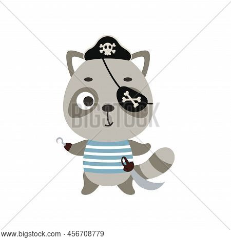 Cute Little Pirate Raccoon With Hook And Blindfold. Cartoon Animal Character For Kids T-shirts, Nurs