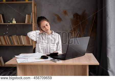 Business Woman With Neck Ache, Young Woman Suffering From Neck Pain In Home Office