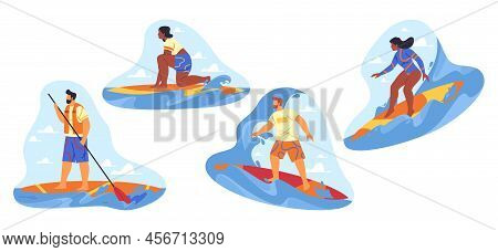 Surfing Or Paddling Stickers Or Icons, Vector Set. People Or Surfers Swim On The Waves. Swimming On 