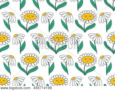 Cute Kawaii Y2k Daisy Seamless Pattern Background With Daisy Chamomile Flowers, Smiling Face. Bright