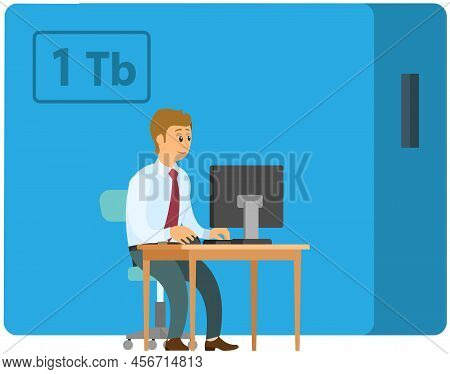 Business Man Uploading Data Files Into External Hard Disk Drive, Modern Technology Allows Work With 