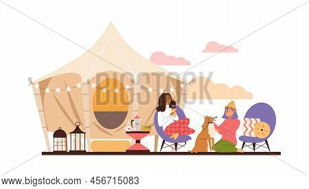 Friends With Dog Relaxing On The Campside Or Glamping, Flat Vector Illustration Isolated On White Ba