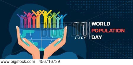 World Population Day - Hand Hold Earth With Group Of Colorful People Raise Arms Stand On Drak Blue B