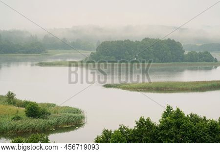 Serene Landscape In The Fog - The Shores Of Lake Otolovo In Belarus