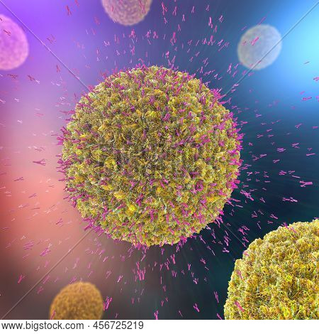 3d Illustration Of Antibodies Attacking Virus Cell Into The Bloodstream