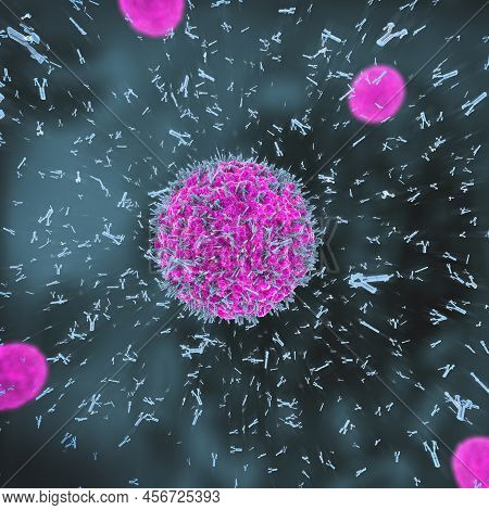 3d Illustration Of Antibodies Attacking Virus Cell Into The Bloodstream