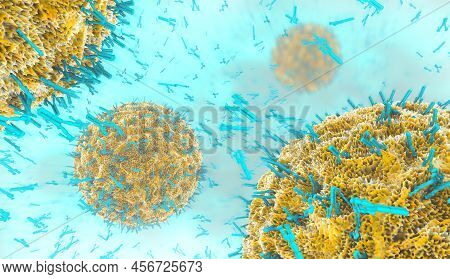 3d Illustration Of Antibodies Attacking Virus Cell Into The Bloodstream