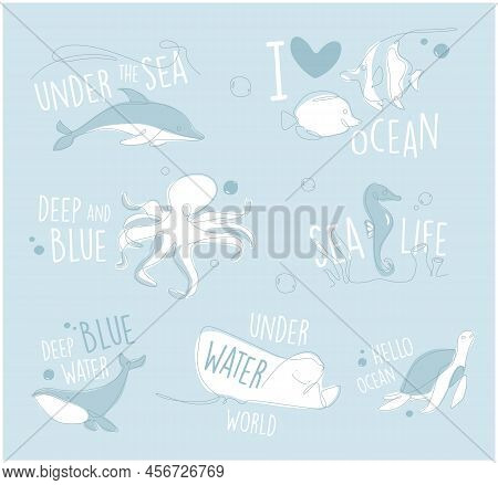 One Line Marine Set. Underwater Outline Animals Emblem. Line Art Ocean And Sea Life Lettering Collec