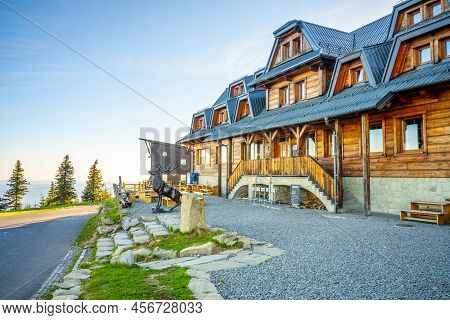 Lysa Mountain, Czech Republic - May 10, 2022: Emil Zatopek - Maraton Hut. Wooden Mountian Chalet On 