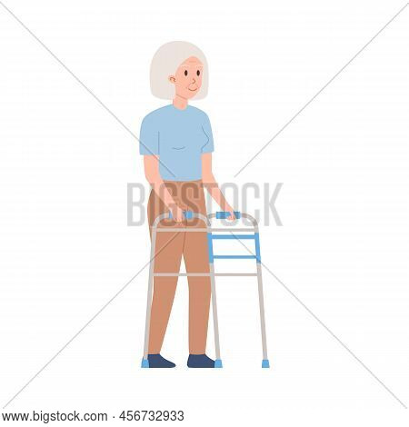 Elderly Woman Moves Using An Orthopedic Walker, Vector Illustration Isolated.