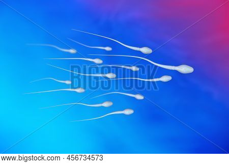 Sperm - Spermatozoa - Sperm Cells Moving To The Right On Blue Backgroundcell - 3d Illustration
