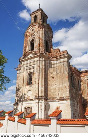 Old Destroyed Church. Ruins Of  Catholic Church. Bell Tower Of The Destroyed Old Church. Historical 