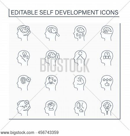 Self-development Line Icons Set. Discover Potential. Improving Skills And Knowledge. Achieving Goals