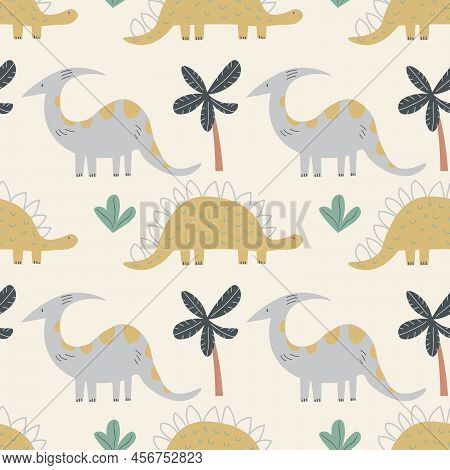 Childish Seamless Pattern With Hand Drawn Dino In Scandinavian Style. Creative Vector Dinosaurs Chil