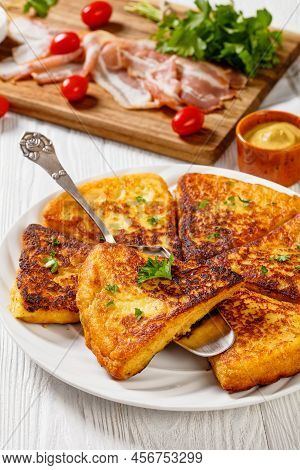 Potato Farls, Irish Potato Cakes, Potato Bread On White Plate On White Wooden Table With Bacon, Toma