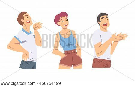 Amused People Character Talking And Laughing Having Cheerful Mood Vector Set