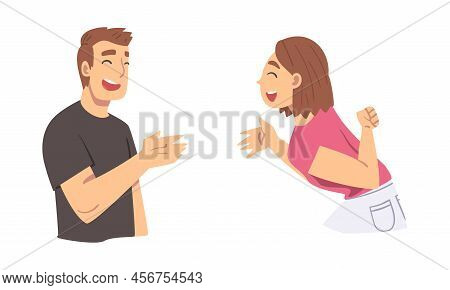 Amused Man And Woman Character Talking And Laughing Having Cheerful Mood Vector Set