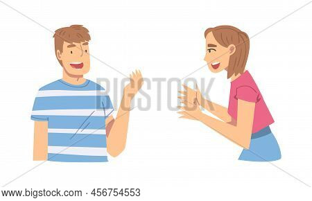 Amused Man And Woman Character Talking And Laughing Having Cheerful Mood Vector Set